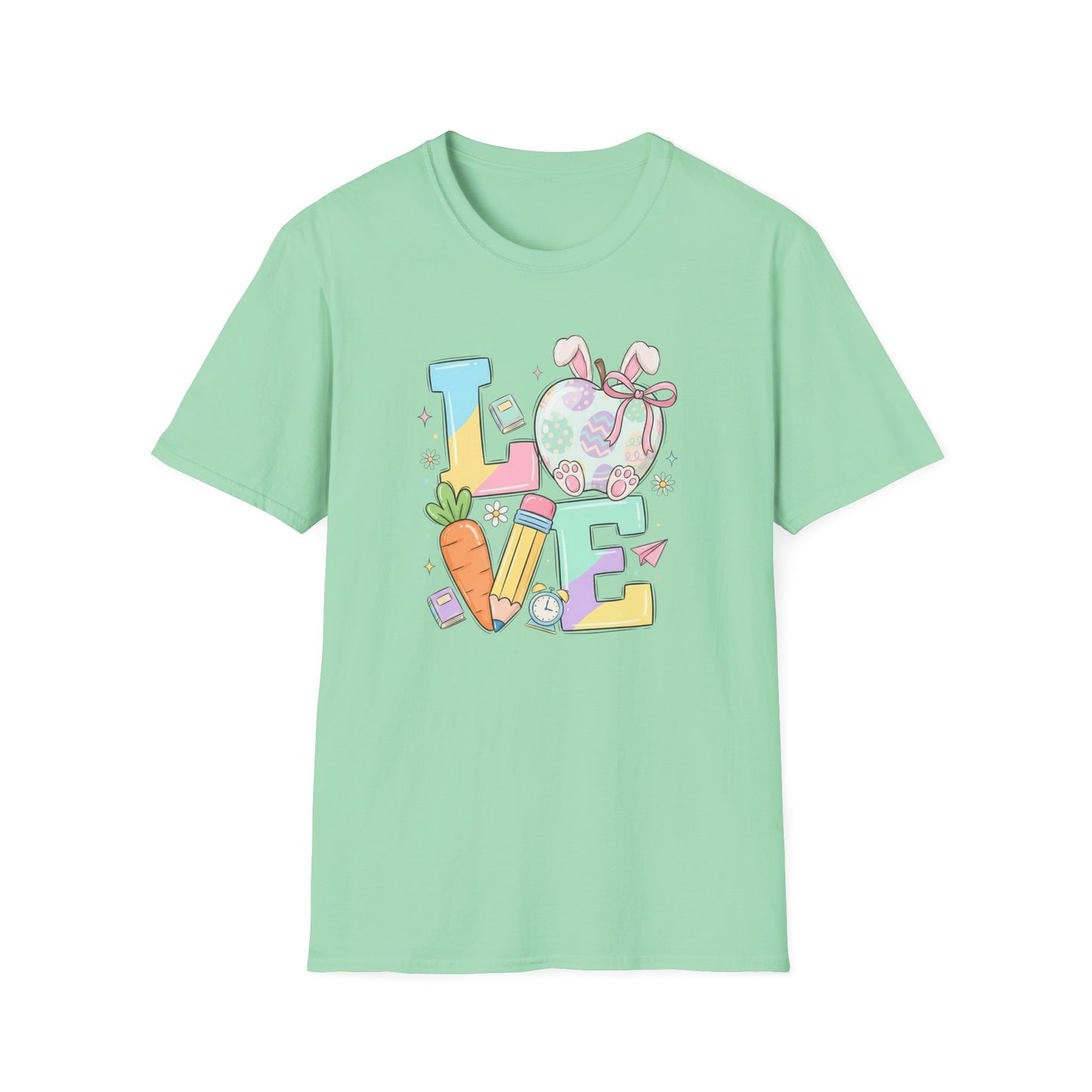 LOVE Easter Bunny Teacher Shirt, Cute Pastel Easter School Tee, Spring Teacher Graphic T-Shirt, Bunny Egg Classroom Shirt, Easter Teacher Gift