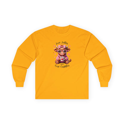 Cow Cuddles Long Sleeve Tee – Cute Cow with Coffee Valentine Shirt