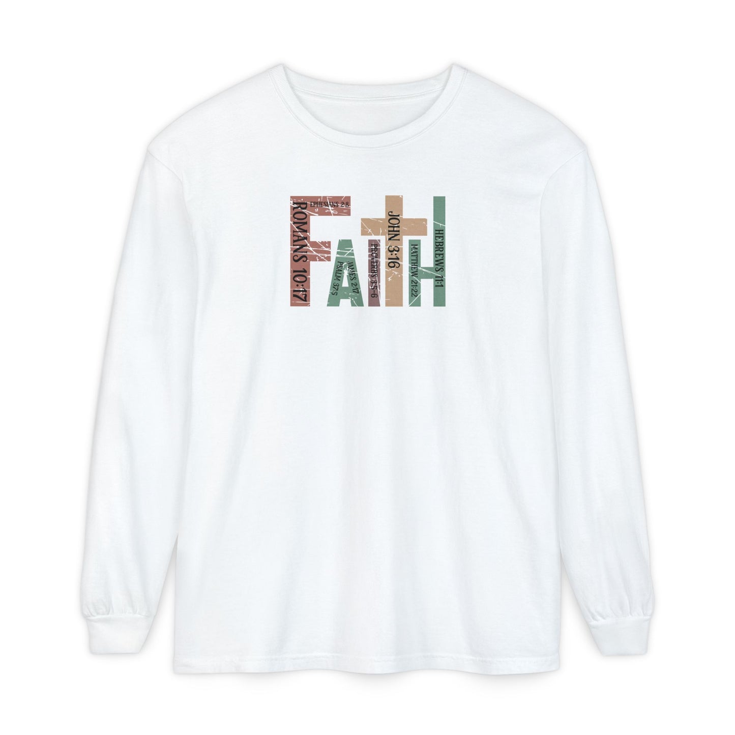 Faith Cross Long Sleeve Tee — Christian Scripture Romans 10:17 Shirt