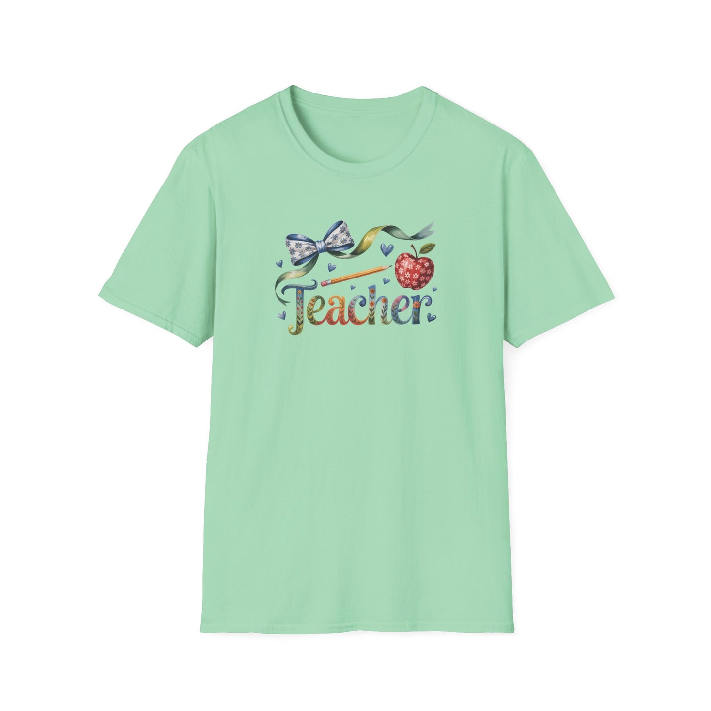 Teacher Floral Bow T-Shirt — Cute Apple & Script Teacher Shirt for Educators