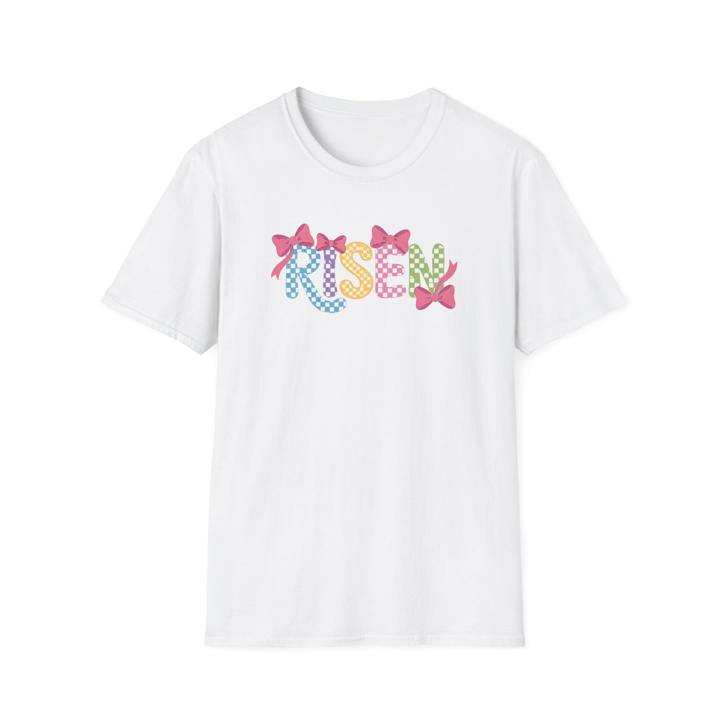 Risen Easter Shirt, Christian Easter Bunny Bow Tee, Faith Based Easter Shirt, Pastel Coquette Spring Graphic T-Shirt, Religious Easter Outfit for Women