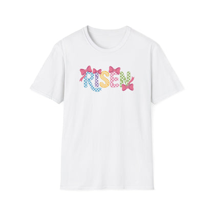 Risen Easter Shirt, Christian Easter Bunny Bow Tee, Faith Based Easter Shirt, Pastel Coquette Spring Graphic T-Shirt, Religious Easter Outfit for Women