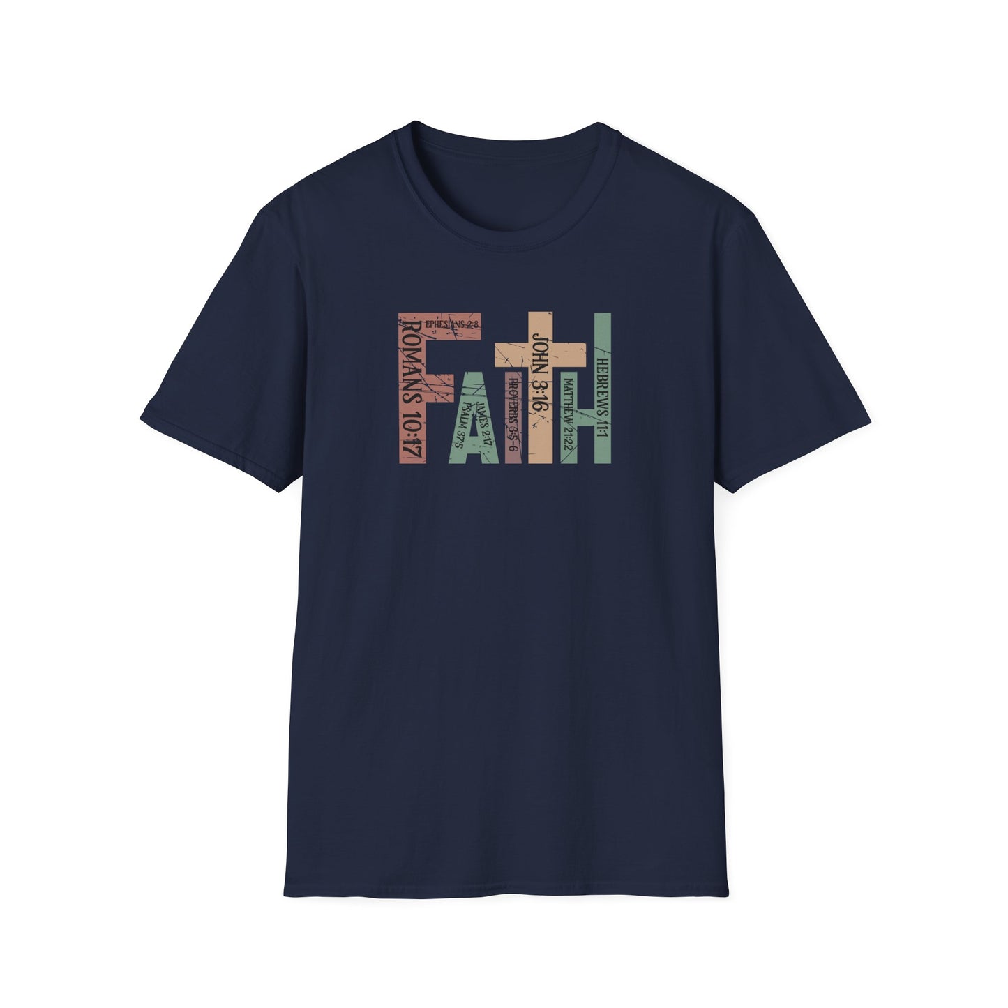 Faith Graphic T-Shirt — "Faith" with Cross & Bible Verse (Romans 10:17 / John 3:16)