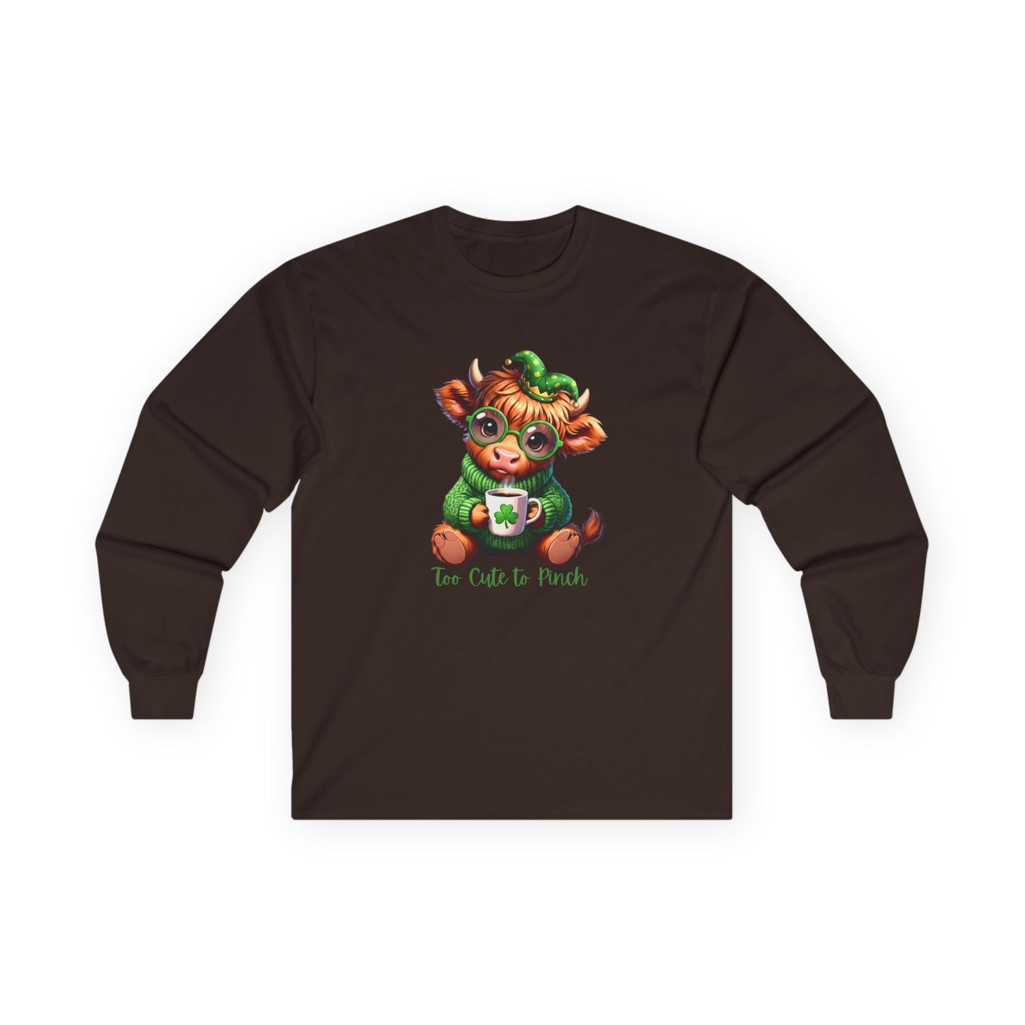 St. Patrick's Cozy Cow Long Sleeve Tee — 'Too Cute to Pinch'