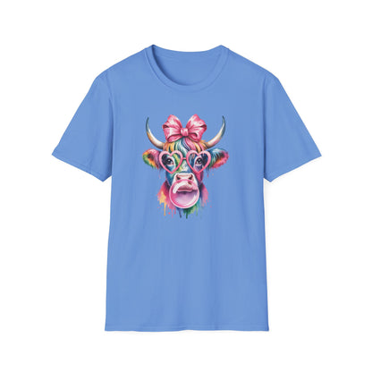 Cute Rainbow Highland Cow T-Shirt – Pink Coquette Bow Cow Graphic Tee, Funny Bubblegum Cow Shirt, Colorful Farm Animal Aesthetic Tee for Women