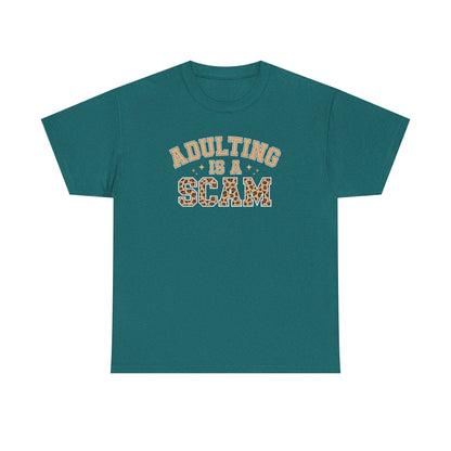 Adulting Is a Scam T-Shirt — Funny Retro Leopard Print Graphic Tee - Sarcastic Humor Shirt, Trendy Casual Tee