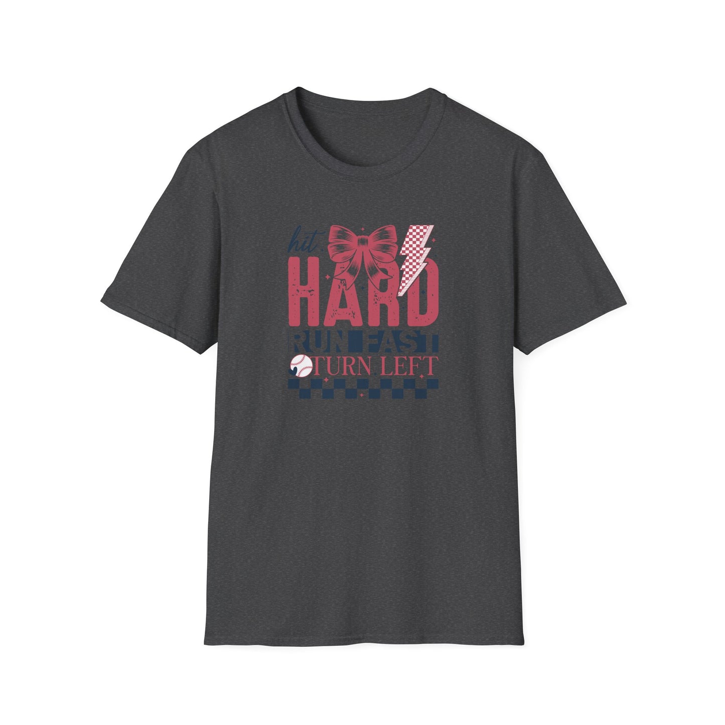 Hit Hard Run Fast Turn Left Baseball Shirt – Cute Softball Bow Tee | Game Day Shirt for Women | Sports Mom Graphic T-Shirt