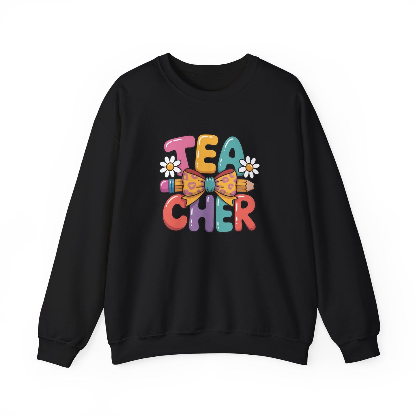 Teacher Crewneck Sweatshirt — Colorful Retro 'Teacher' Bow & Daisies Design