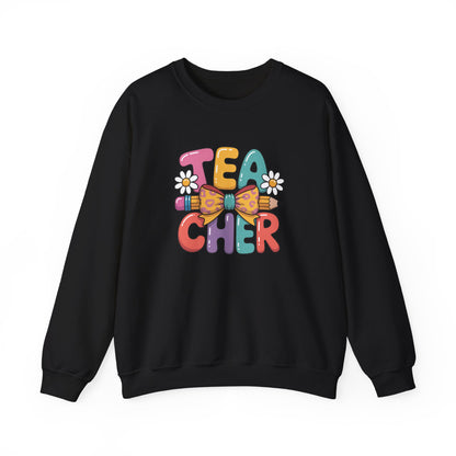 Teacher Crewneck Sweatshirt — Colorful Retro 'Teacher' Bow & Daisies Design