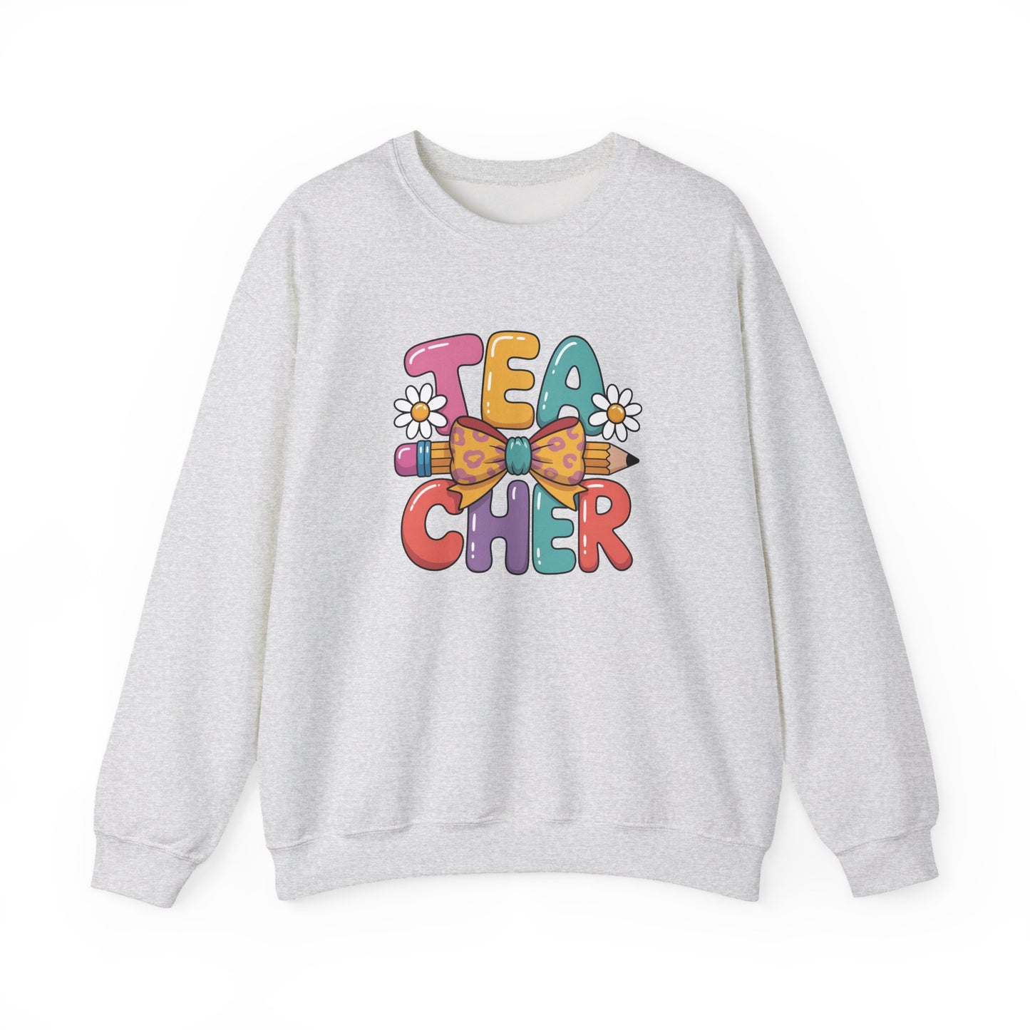 Teacher Crewneck Sweatshirt — Colorful Retro 'Teacher' Bow & Daisies Design