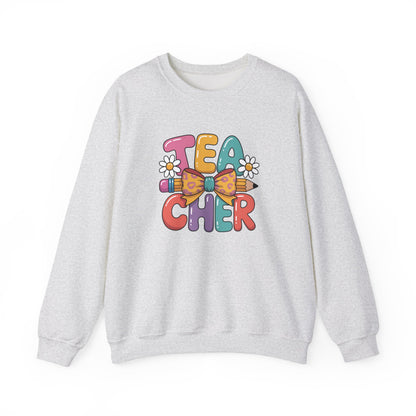 Teacher Crewneck Sweatshirt — Colorful Retro 'Teacher' Bow & Daisies Design