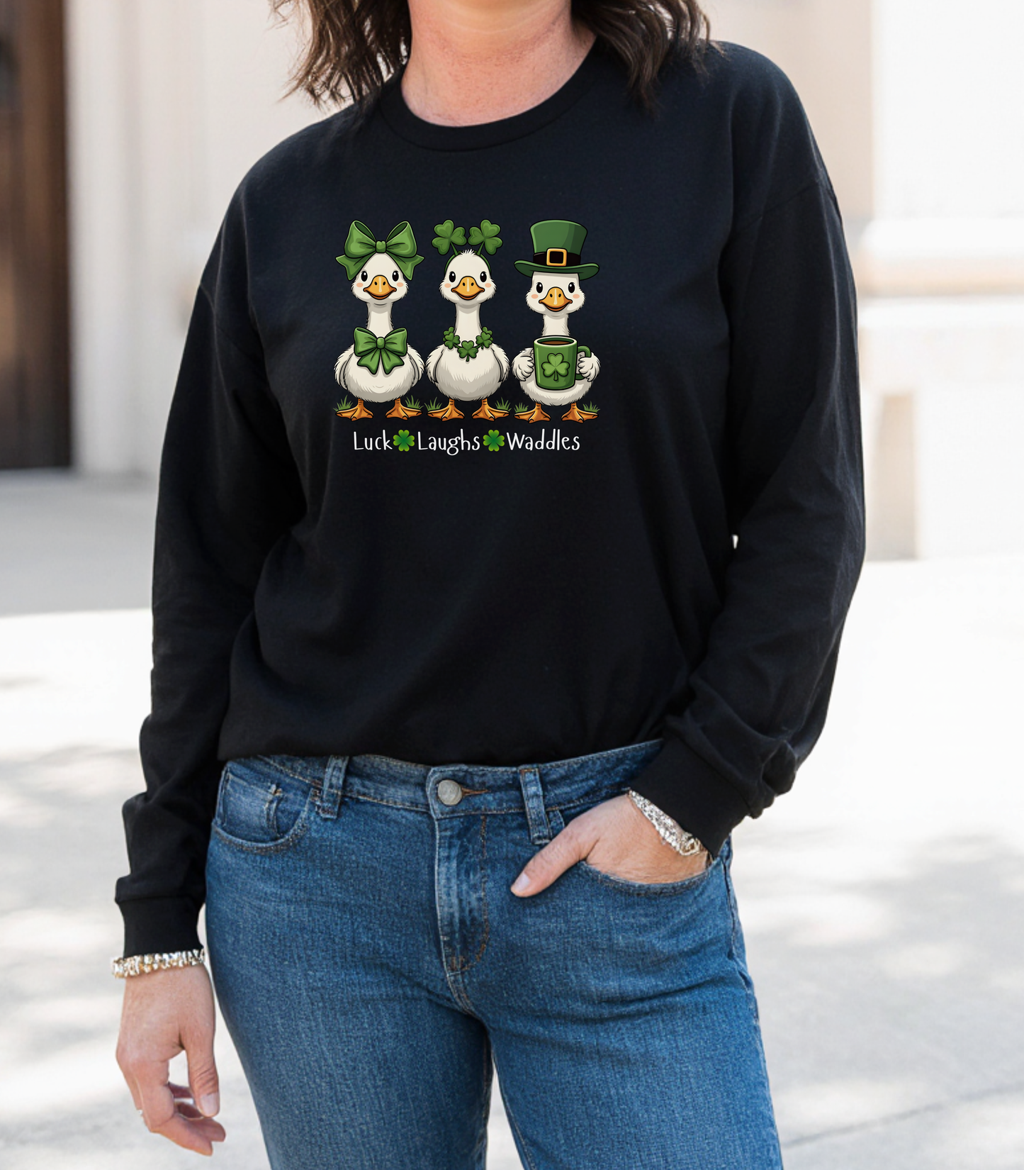 St. Patrick's Day Duck Trio Long Sleeve Tee — "Luck Laughs & Waddles"