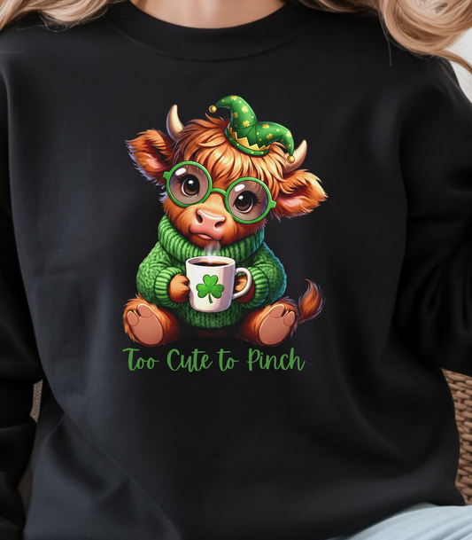 St. Patrick's Cozy Cow Long Sleeve Tee — 'Too Cute to Pinch'