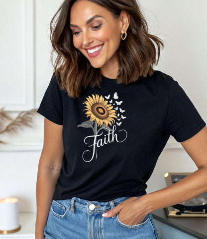 Faith Sunflower T-Shirt — Inspirational Floral Tee with Butterflies
