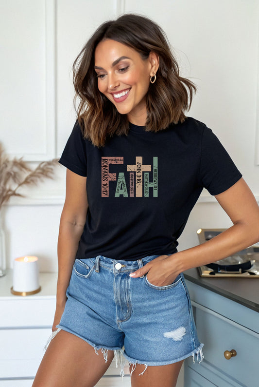Faith Graphic T-Shirt — "Faith" with Cross & Bible Verse (Romans 10:17 / John 3:16)