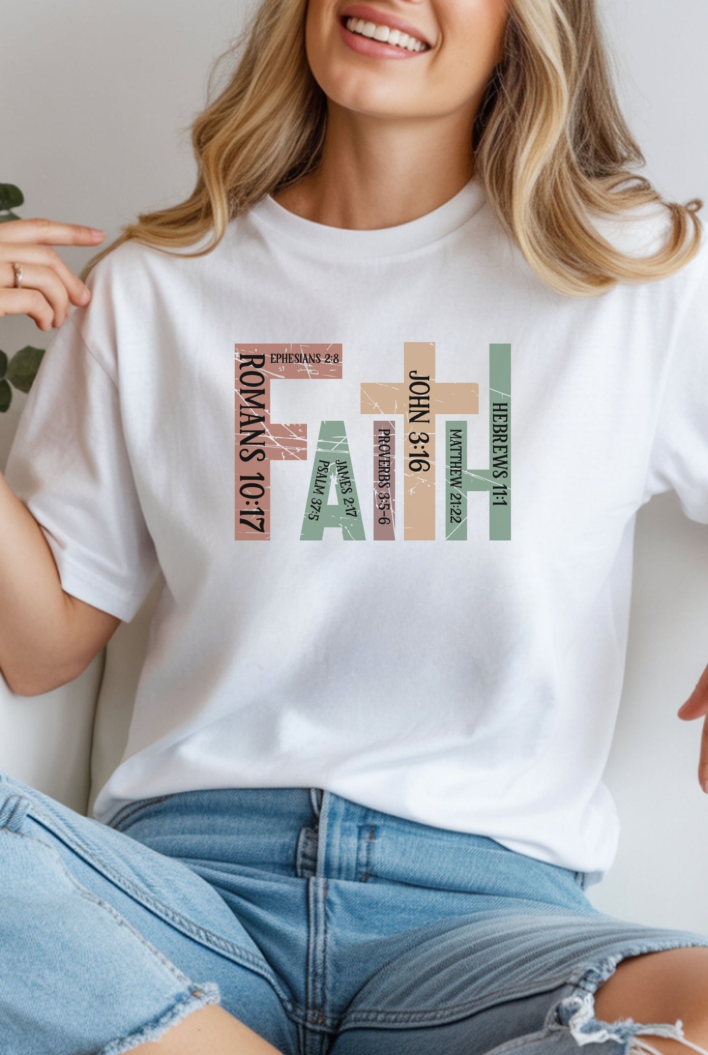 Faith Graphic T-Shirt — "Faith" with Cross & Bible Verse (Romans 10:17 / John 3:16)