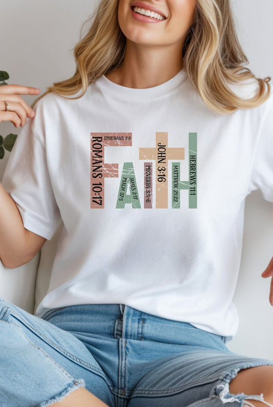 Faith Graphic T-Shirt — "Faith" with Cross & Bible Verse (Romans 10:17 / John 3:16)
