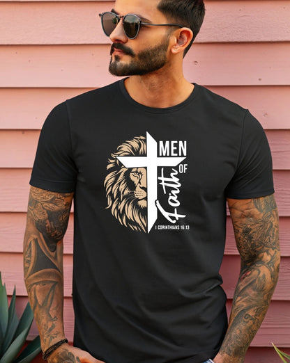 Men of Faith T-Shirt with Lion & Cross – Christian Men’s Faith Tee (Hebrews 11:1)