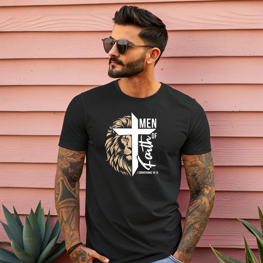 Men of Faith T-Shirt with Lion & Cross – Christian Men’s Faith Tee (Hebrews 11:1)
