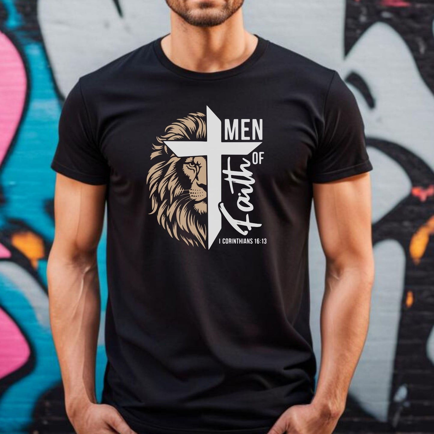 Men of Faith T-Shirt with Lion & Cross – Christian Men’s Faith Tee (Hebrews 11:1)