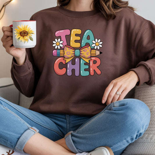 Teacher Crewneck Sweatshirt — Colorful Retro 'Teacher' Bow & Daisies Design
