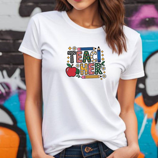 Teacher Graphic T-Shirt — Colorful Apple & Pencil Back-to-School Tee