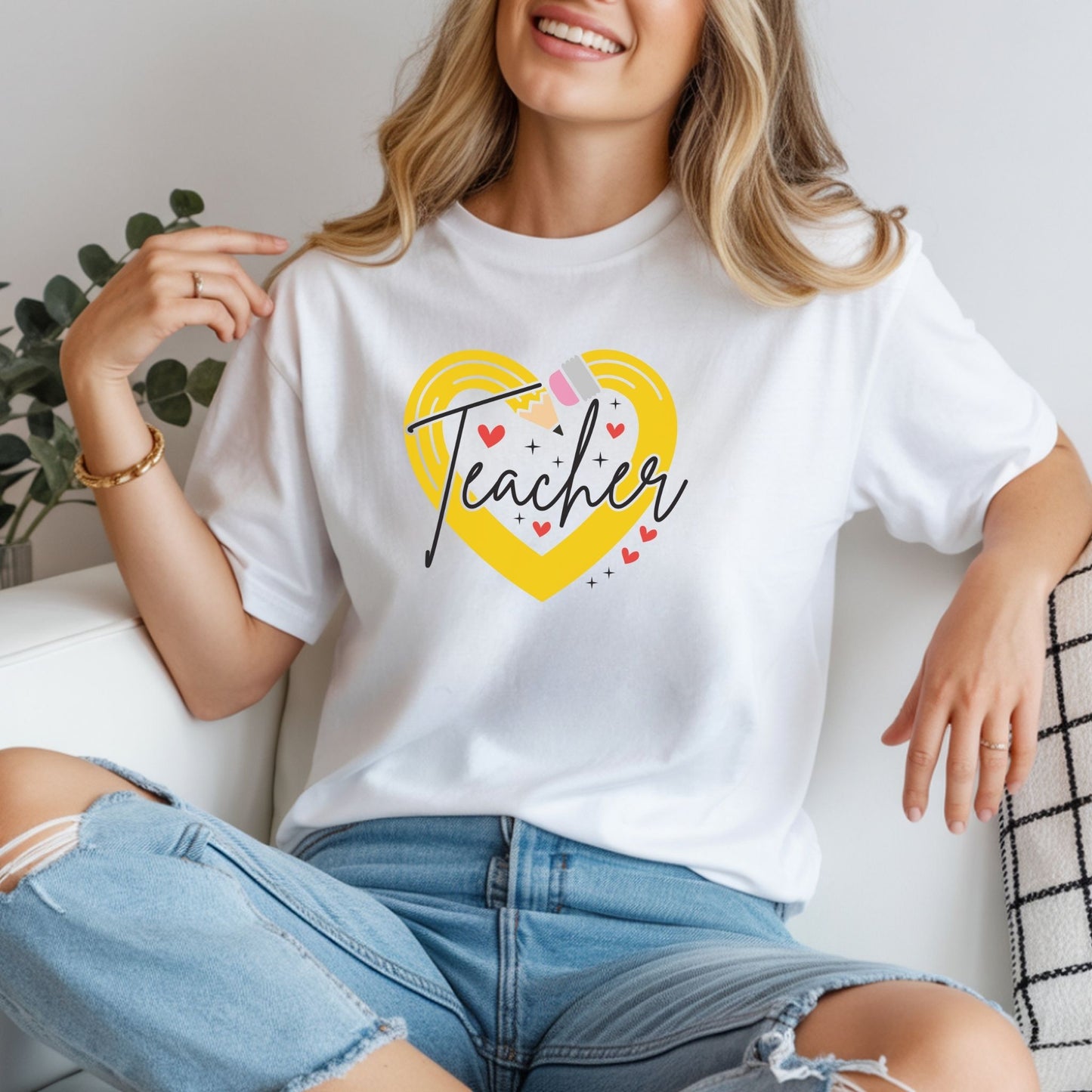 Teacher Heart Graphic T‑Shirt — Cute Yellow Heart, Pencil & 'Teacher' Script