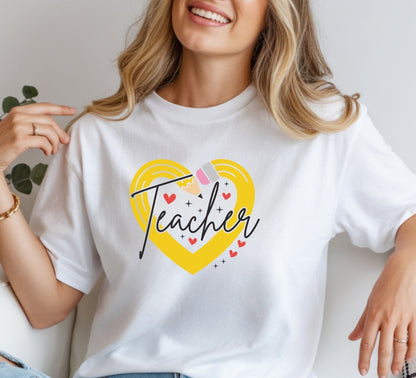 Teacher Heart Graphic T‑Shirt — Cute Yellow Heart, Pencil & 'Teacher' Script