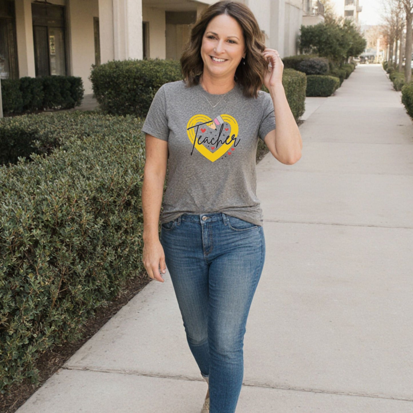 Teacher Heart Graphic T‑Shirt — Cute Yellow Heart, Pencil & 'Teacher' Script