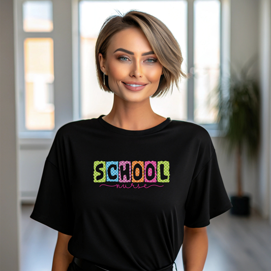 School Nurse T-Shirt — Colorful Block Letters Design
