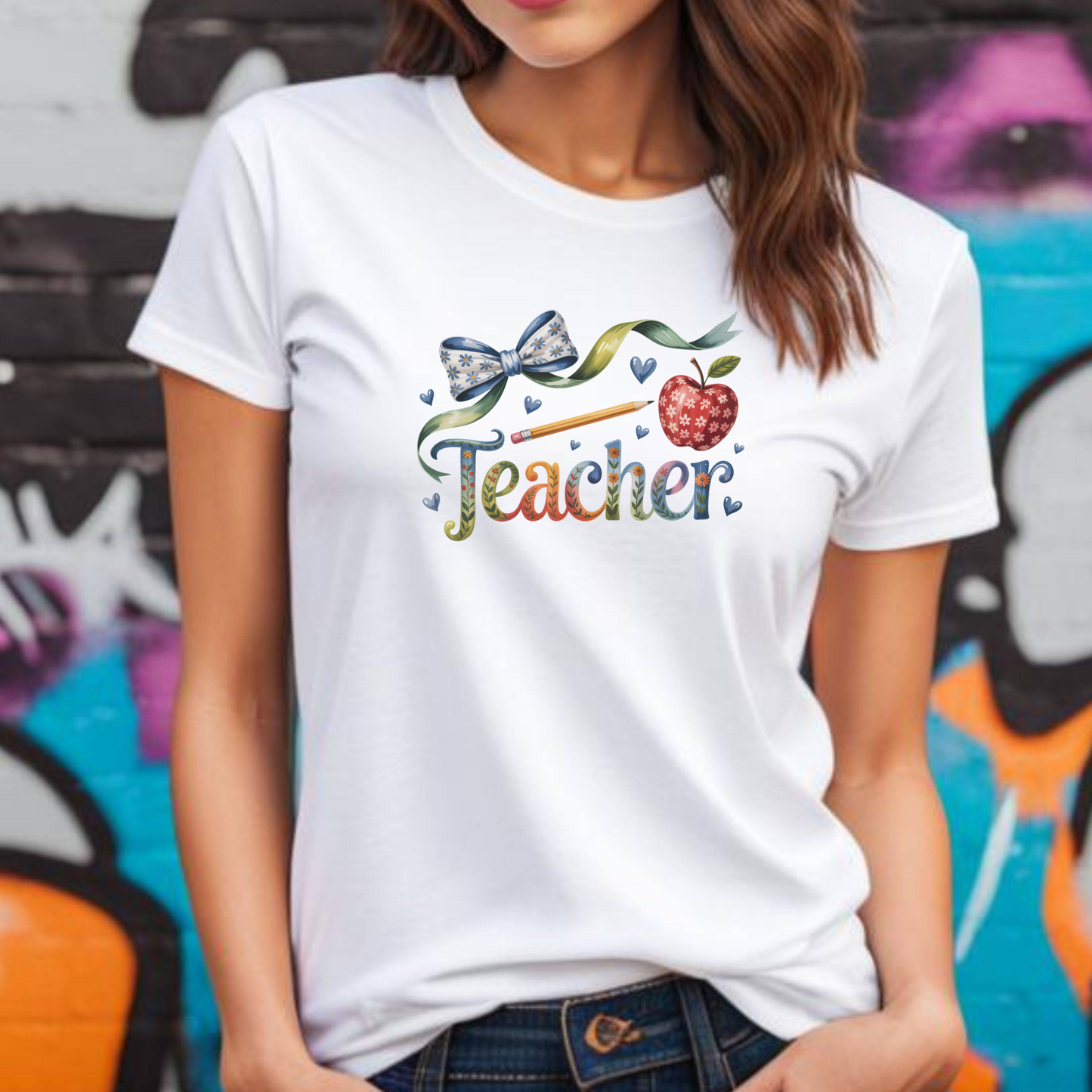 Teacher Floral Bow T-Shirt — Cute Apple & Script Teacher Shirt for Educators