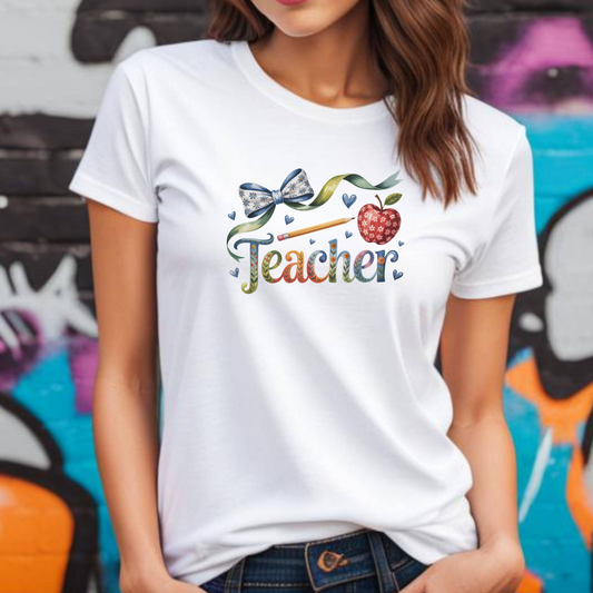 Teacher Floral Bow T-Shirt — Cute Apple & Script Teacher Shirt for Educators