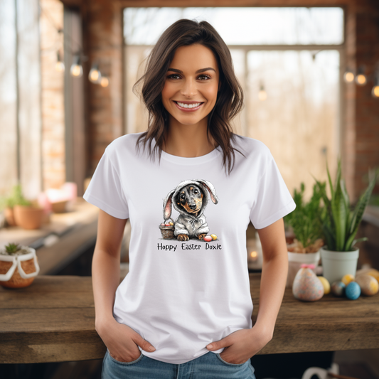 Easter Dachshund T-Shirt — "Hoppy Easter Doxie" Cute Dog Bunny Tee