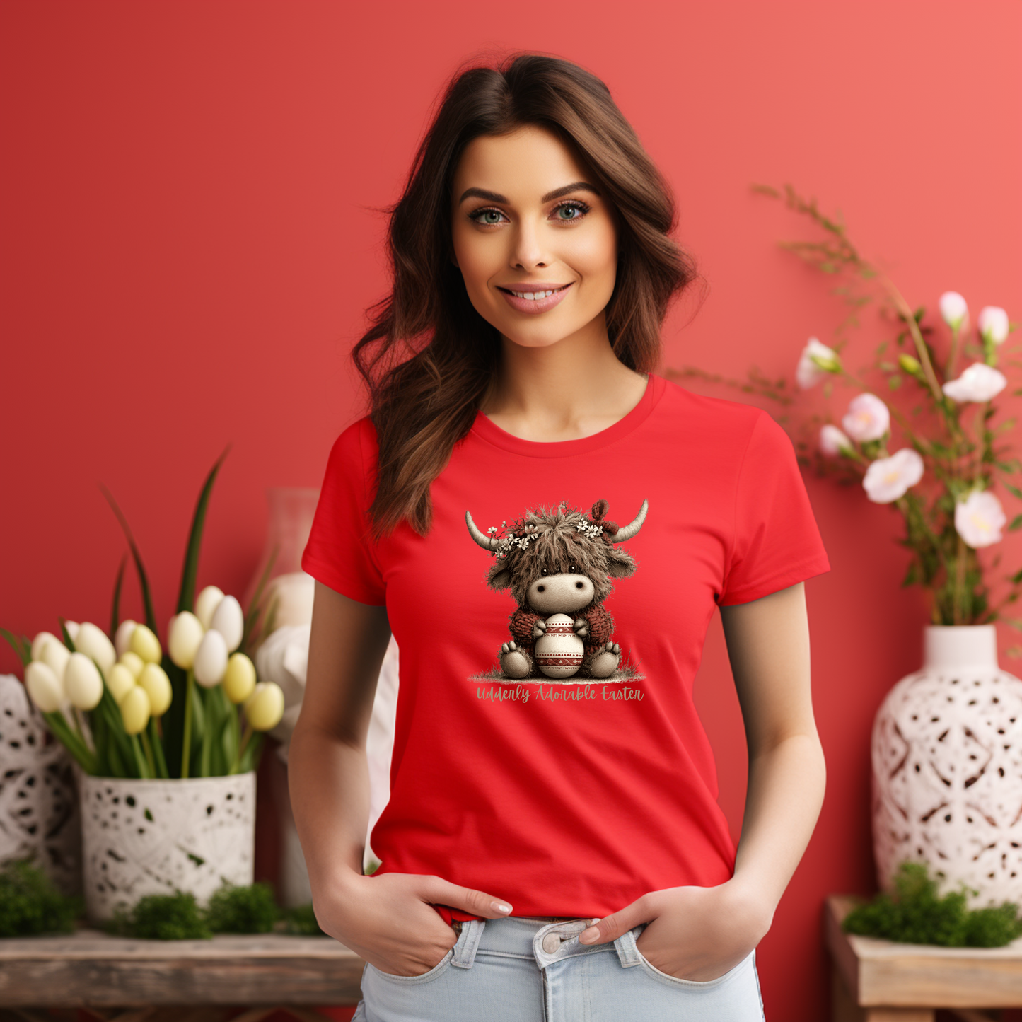 Udderly Adorable Easter Highland Cow Shirt, Cute Cow Easter T-Shirt, Spring Farm Animal Tee, Easter Gift for Women, Country Western Cow Lover