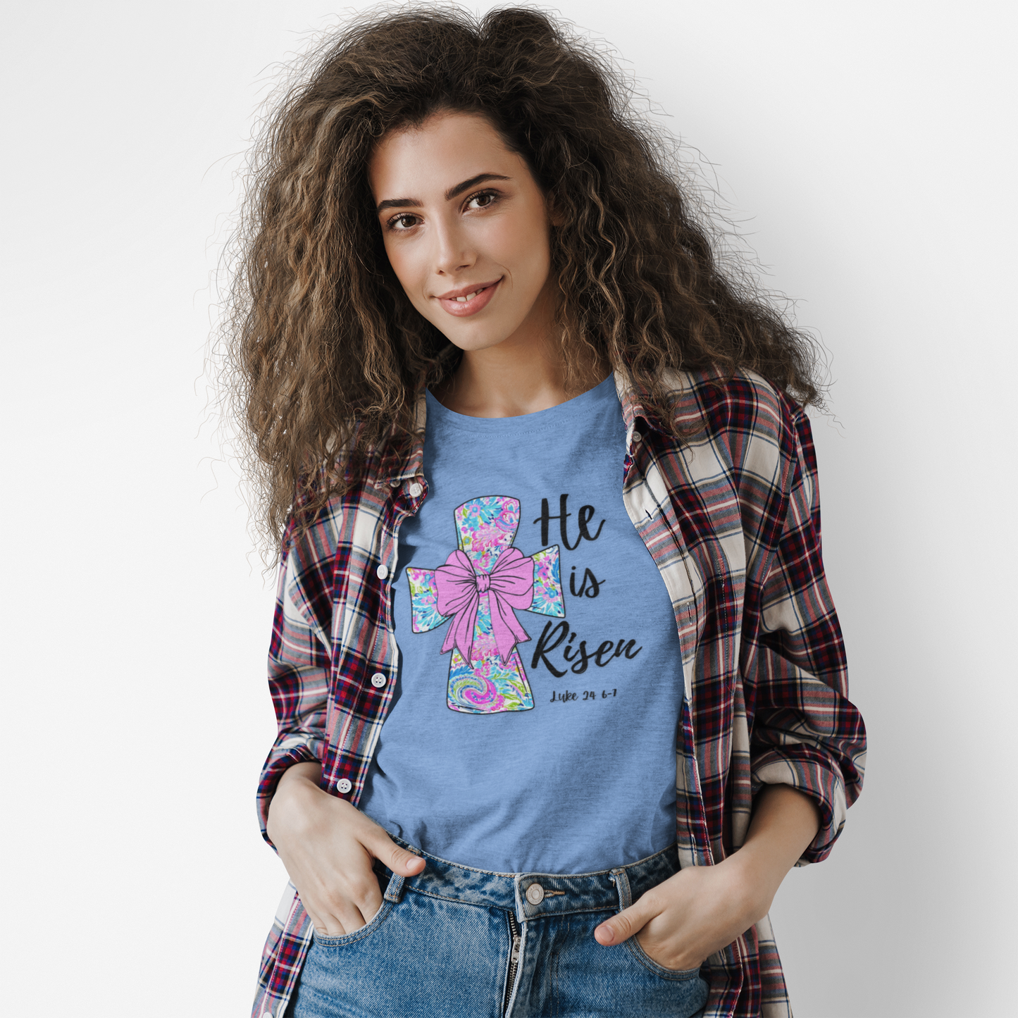 Floral Cross Easter Shirt, He Is Risen T-Shirt, Christian Easter Tee, Faith Shirt, Religious Spring Shirt, Cute Bow Cross Shirt