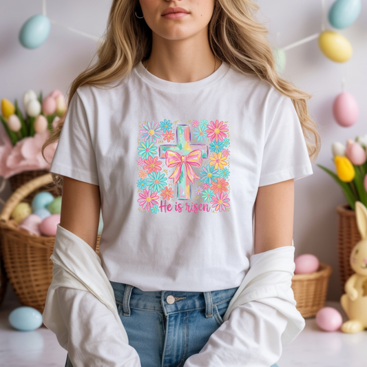 He Is Risen Easter Shirt – Christian Floral Cross Tee, Religious Easter Shirt for Women, Faith Based Spring Christian T-Shirt