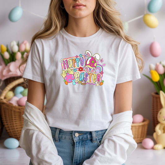 Happy Easter Graphic T-Shirt — Colorful Bunny & Eggs Spring Tee
