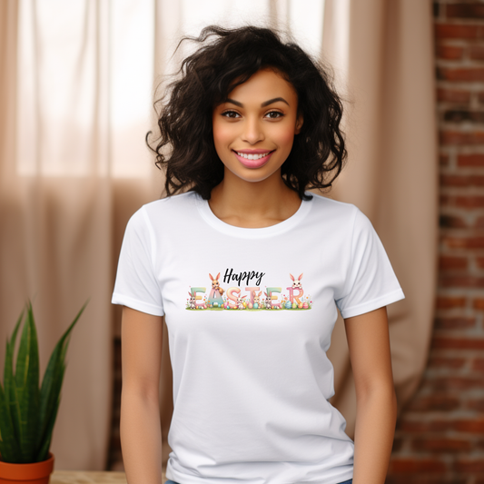 Happy Easter Bunny Shirt | Cute Easter Bunny Tee | Spring Holiday Shirt | Easter Gift for Women Mom Teacher | Pastel Easter Graphic Tee