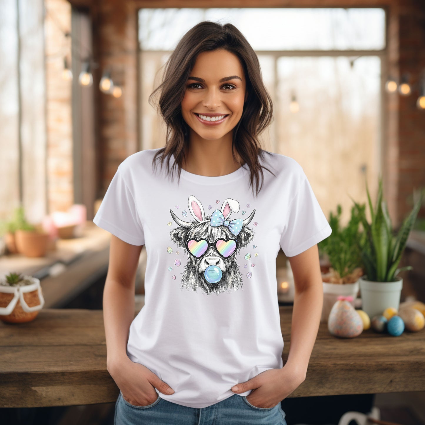 Cute Cow Tee — Heart Sunglasses, Bunny Ears & Bubblegum Graphic T-Shirt