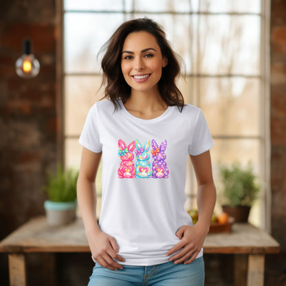 Easter Pastel Bunny Trio T-Shirt — Colorful Spring Bunny Graphic Tee