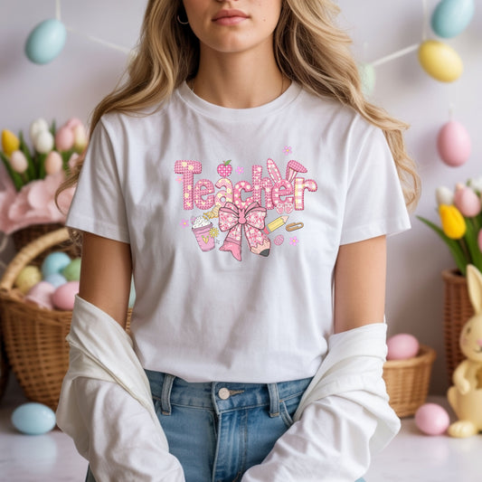 Teacher Pink Bow T-Shirt — Cute Classroom Gift for Teachers