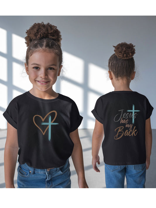 Jesus Has My Back Kids Christian Shirt – Faith Cross Heart T-Shirt – Inspirational Religious Tee for Boys & Girls