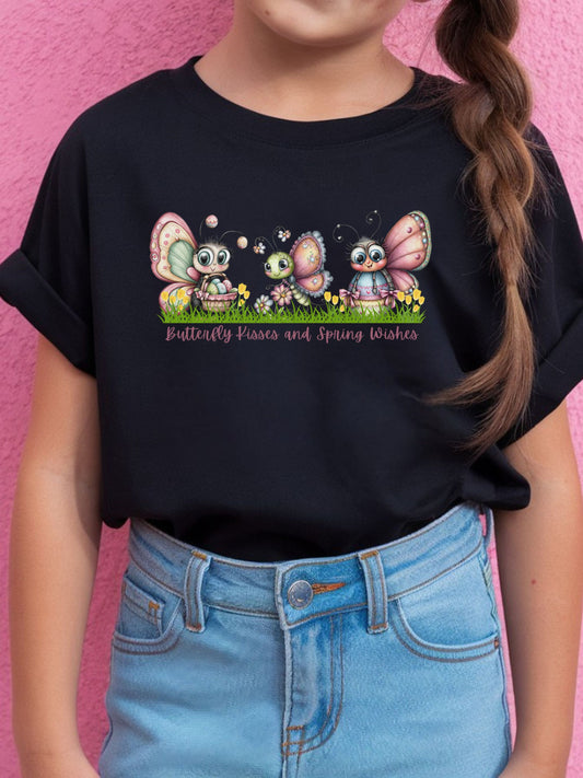 Butterfly Kisses and Spring Wishes Kids Easter Shirt – Cute Butterfly Spring T-Shirt for Girls – Adorable Easter Outfit