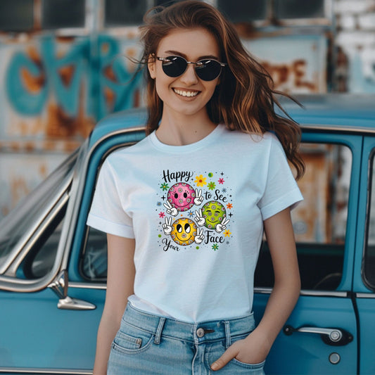 Groovy Retro Smiley Face T-Shirt – Happy to See Your Face | Vintage 70s Aesthetic Tee | Cute Hippie Graphic Shirt | Retro Peace & Flower Power Top