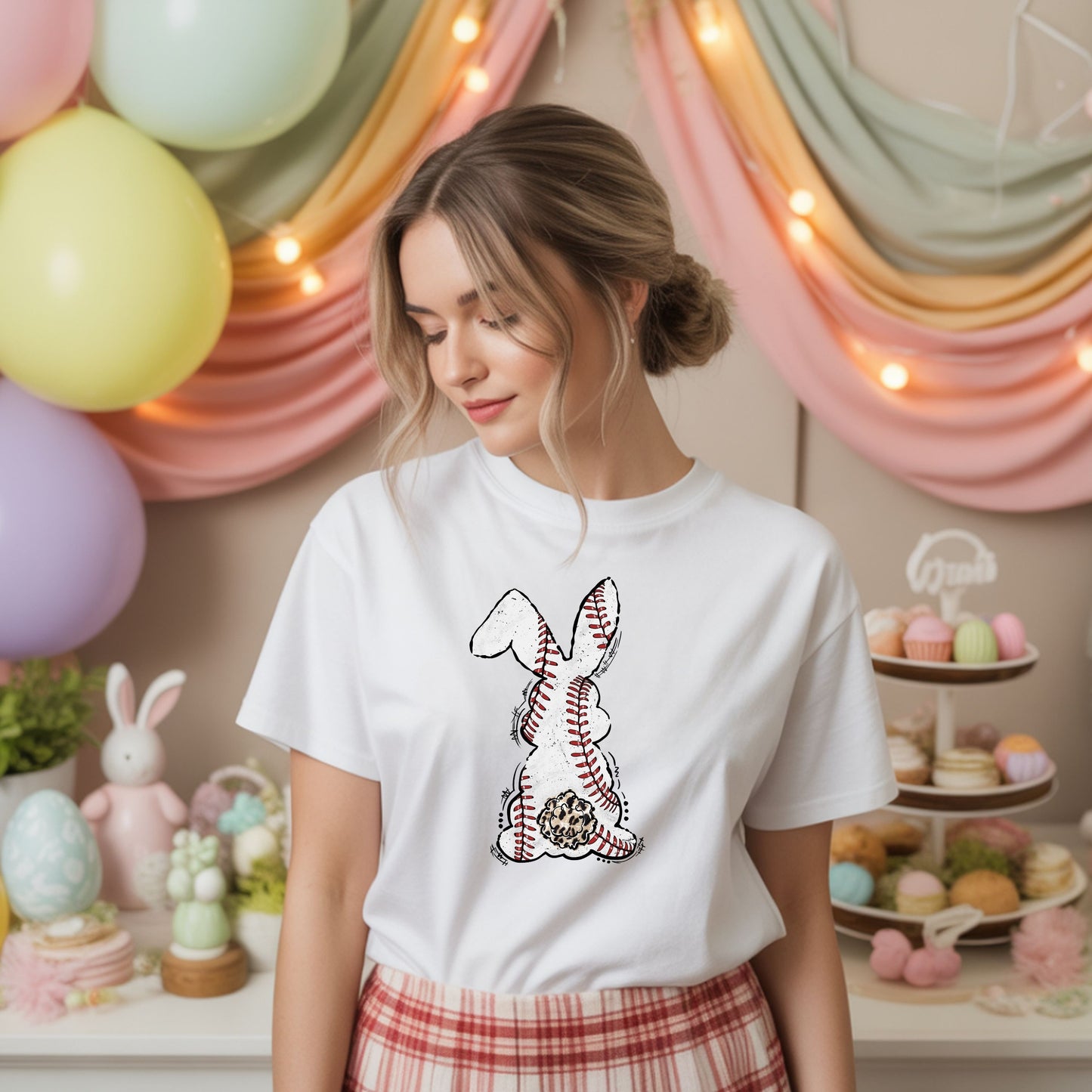 Funny Baseball Bunny Easter T-Shirt – Baseball Stitch Bunny Butt Graphic Tee, Cute Easter Baseball Shirt, Sports Easter Rabbit Tee for Women & Moms