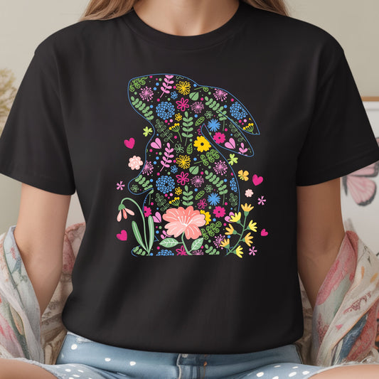 Floral Easter Bunny T-Shirt – Cute Spring Flower Bunny Graphic Tee, Pastel Botanical Easter Shirt, Colorful Rabbit Silhouette Tee for Women