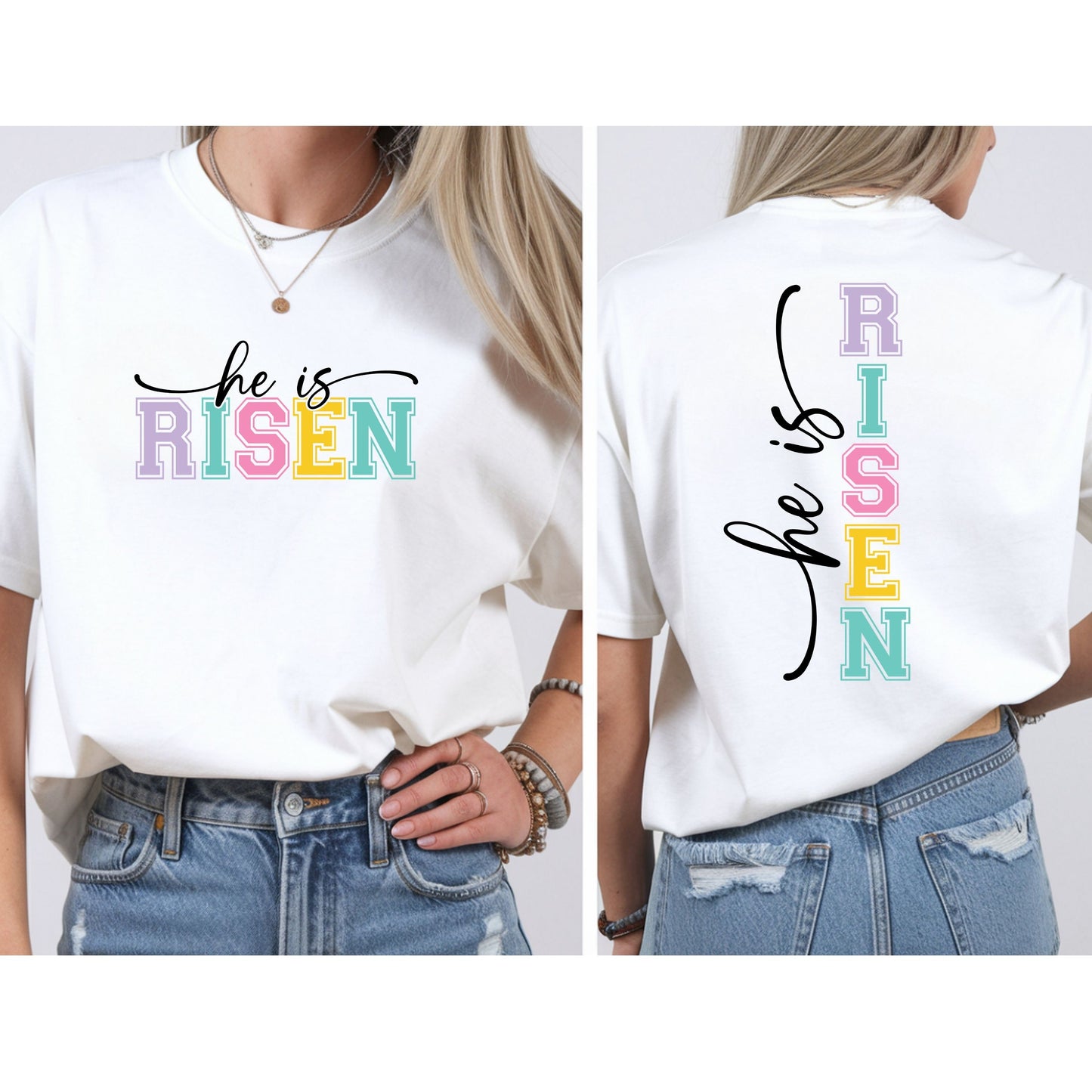 He Is Risen Christian Easter T-Shirt – Faith Based Front & Back Graphic Tee, Religious Resurrection Shirt, Pastel Easter Church Outfit for Women