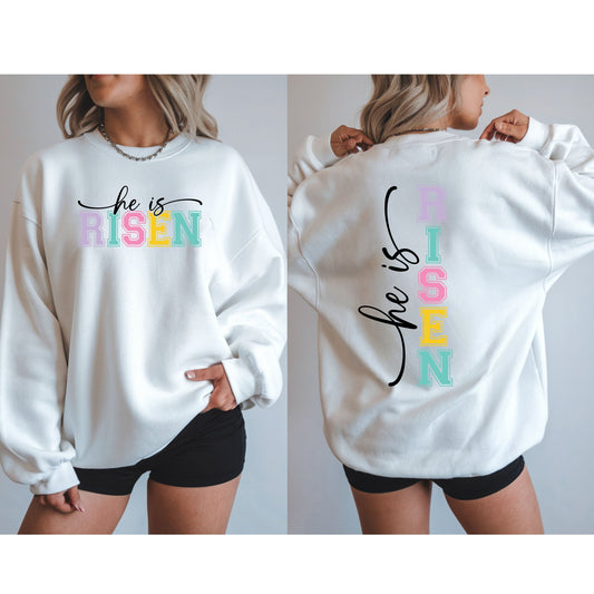 He Is Risen Christian Sweatshirt – Faith Based Easter Crewneck, Front & Back Religious Graphic Sweatshirt, Pastel Resurrection Church Pullover for Women