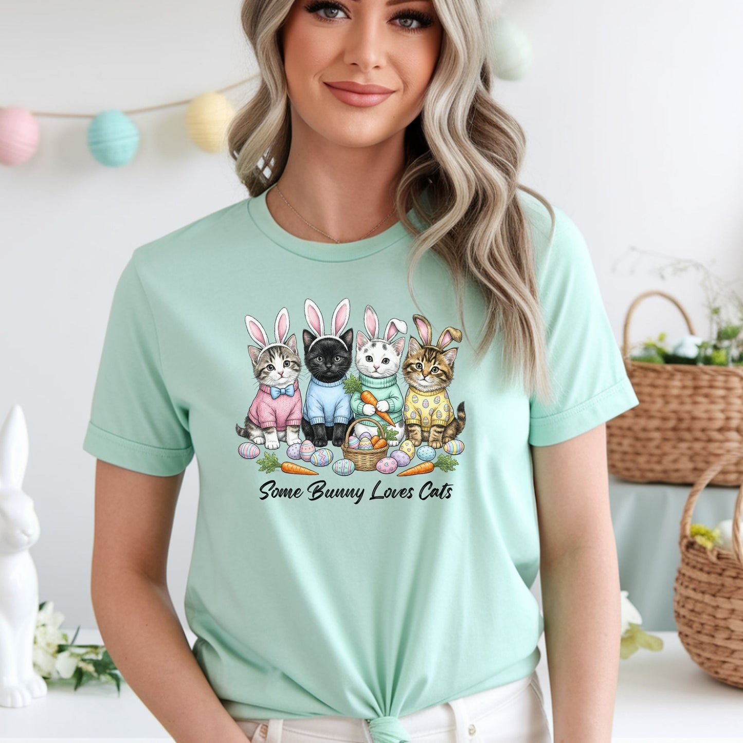 Cute Easter Cat Bunny Shirt – “Some Bunny Loves Cats” Pastel Graphic Tee, Funny Cat Lover Easter Shirt, Bunny Ear Cats Spring T-Shirt Gift for Women
