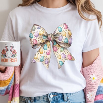Pastel Easter Bow Shirt, Cute Spring Graphic Tee, Easter Egg Ribbon T-Shirt, Coquette Easter Outfit, Soft Aesthetic Bunny Season Tee, Women’s Spring Gift